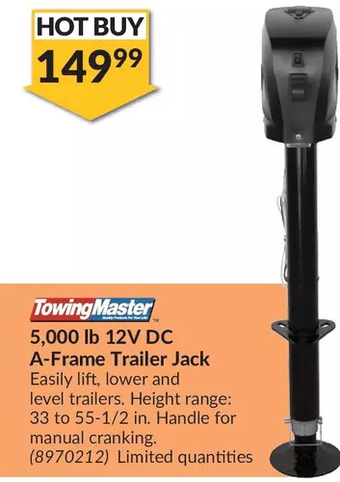 Princess Auto Towing master 5,000 lb 12v dc a-frame trailer jack offer
