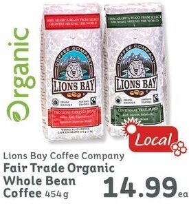 IGA Lions Bay Coffee Company Fair Trade Organic Whole Bean Coffee 454g offer