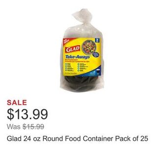 Costco Glad 24 oz round food container pack of 25 offer