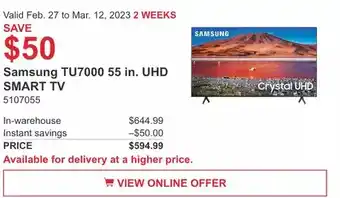 Costco Samsung tu7000 55 in. uhd smart tv offer
