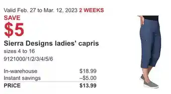 Costco Sierra designs ladies' capris offer
