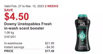 Costco Downy unstopables fresh in-wash scent booster offer