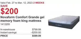 Costco Novaform comfort grande gel memory foam king mattress offer