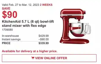 Costco Kitchenaid 5.7 l (6 qt) bowl-lift stand mixer with flex edge offer