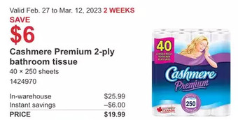 Costco Cashmere premium 2-ply bathroom tissue offer