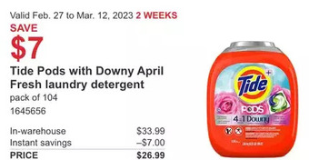 Costco Tide pods with downy april fresh laundry detergent offer