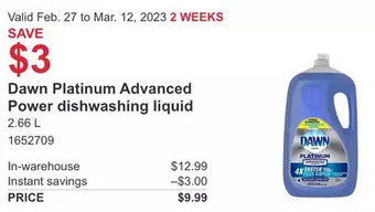 Costco Dawn platinum advanced power dishwashing liquid offer