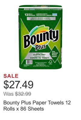Costco Bounty plus paper towels 12 rolls x 86 sheets offer