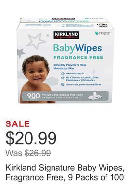 Costco Kirkland signature baby wipes, fragrance free, 9 packs of 100 offer