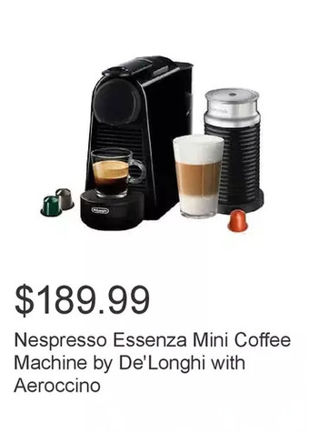 Costco Nespresso essenza mini coffee machine by de'longhi with aeroccino offer