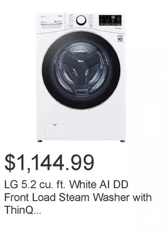 Costco Lg 5.2 cu. ft. white ai dd front load steam washer with thinq technology and wi-fi enabled offer