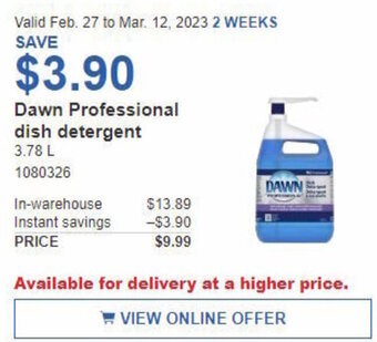 Costco Dawn Professional Dish Detergent 3.78 L offer