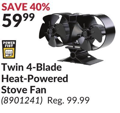 Twin 4-blade heat-powered stove fan offer at Princess Auto