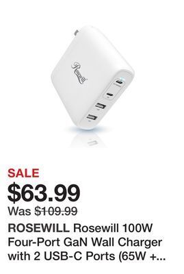 Newegg Rosewill 100w four-port gan wall charger with 2 usb-c ports (65w + 18w) and 2 usb-a ports (12w), pd 3.0 power delivery for la offer