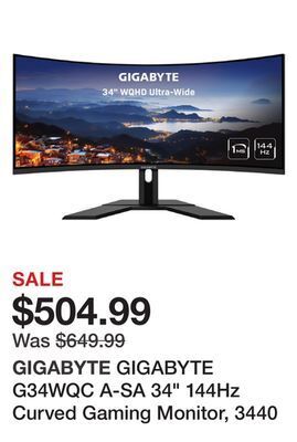 Newegg Gigabyte g34wqc a-sa 34" 144hz curved gaming monitor, 3440 x 1440 va 1500r display, 1ms (mprt), 90% dci-p3, vesa display hdr4 offer