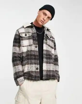 Asos Brave soul plaid jacket with borg collar in brown offer