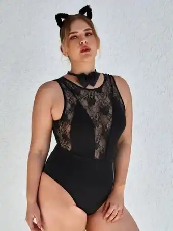 SheIn Plus contrast lace costume bodysuit with choker offer