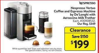 Walmart Nespresso vertuo coffee and espresso machine by de'longhi with aeroccino milk frother offer