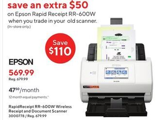 Staples Epson rapidreceipt rr-600w wireless receipt and document scanner offer