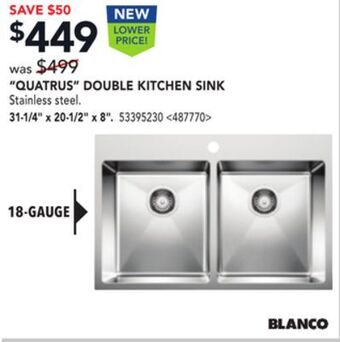 Lowe's Blanco "quatrus" double kitchen sink, 31-1/4" x 20-1/2" x 8" offer