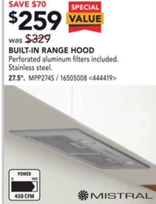 Lowe's Mistral built-in range hood 27.5" offer