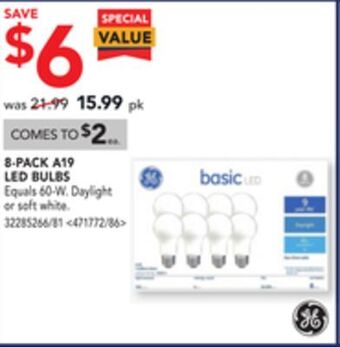 Lowe's Ge 8-pack a19 led bulbs offer