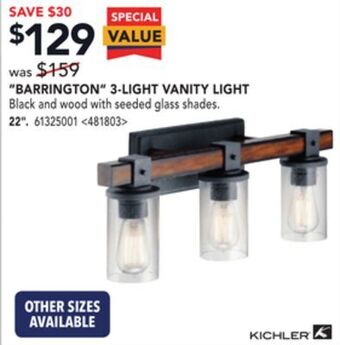 Lowe's Kichler "barrington" 3-light vanity light 22" offer