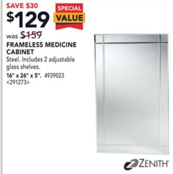 Lowe's Zenith frameless medicine cabinet 16" x 26" x 5" offer