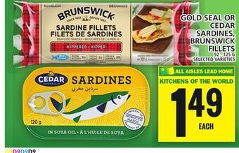 Food Basics Gold seal or cedar sardines, brunswick fillets offer