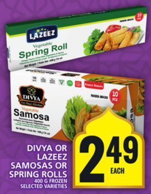 Food Basics Divya or lazeez samosas or spring rolls offer