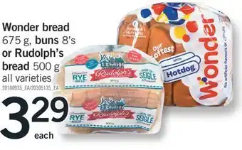 Fortinos Wonder bread, 675 g, buns, 8's or rudolph's bread 500 g offer