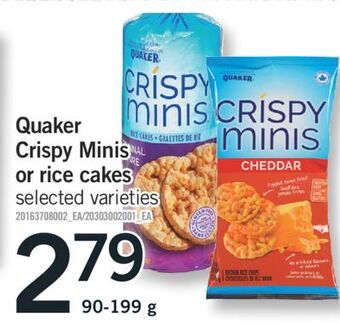 Fortinos Quaker crispy minis or rice cakes, 90-199 g offer