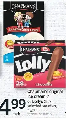 Fortinos Chapman's original ice cream 2 l or lollys 28' s offer