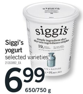 Fortinos Siggi's yogurt, 650/750 g offer