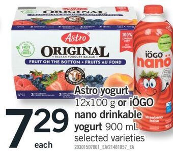 Fortinos Astro yogurt, 12x100 g or iögo nano drinkable yogurt 900 ml offer