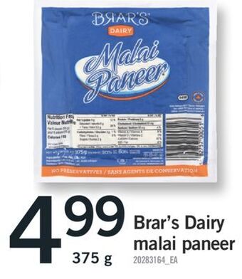 Fortinos Brar's dairy malai paneer, 375 g offer