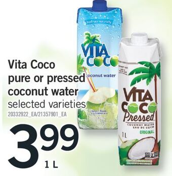 Fortinos Vita coco pure or pressed coconut water, 1 l offer