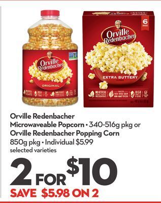 Longo's Orville redenbacher microwaveable popcorn • 340-516g pkg or orville redenbacher popping corn 850g pkg offer