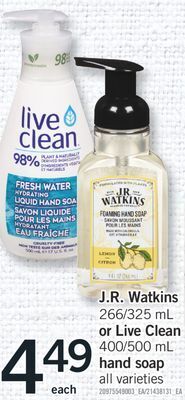 Fortinos J.r. watkins 266/325 ml or live clean 400/500 ml hand soap offer