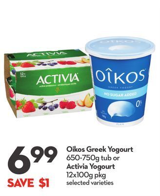 Longo's Oikos greek yogourt 650-750g tub or activia yogourt 12x100g pkg offer