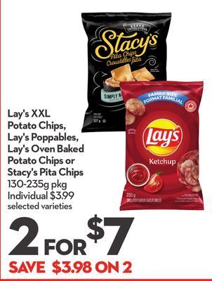 Longo's Lay's xxl potato chips, lay's poppables, lay's oven baked potato chips or stacy's pita chips offer