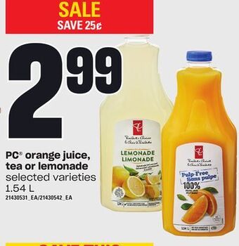 Loblaws Pc® orange juice, tea or lemonade, 1.54 l offer