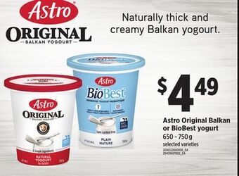Loblaws Astro original balkan or biobest yogurt, 650 - 750 g offer