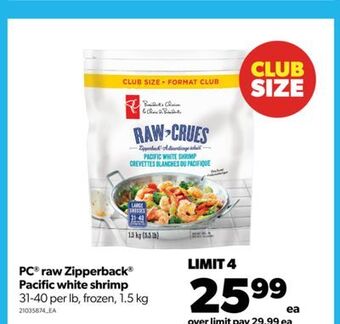 Real Canadian Superstore Pc® raw zipperback® pacific white shrimp, 1.5 kg offer