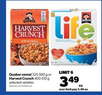 Real Canadian Superstore Quaker cereal, 325-500 g or harvest crunch, 400-510 g offer