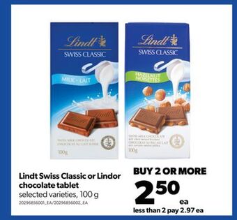 Real Canadian Superstore Lindt swiss classic or lindor chocolate tablet, 100 g offer