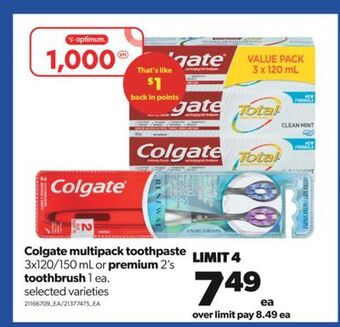 Real Canadian Superstore Colgate multipack toothpaste, 3x120/150 ml or premium, 2's toothbrush, 1 ea. offer
