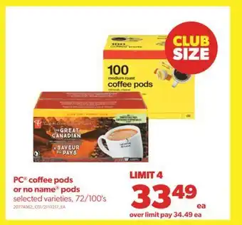 Real Canadian Superstore Pc® coffee pods or no name® pods, 72/100's offer