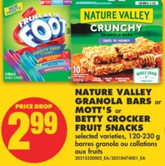 No Frills Nature valley granola bars or mott's or betty crocker fruit snacks, 120-230 g offer