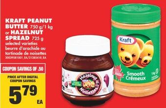 No Frills Kraft peanut butter, 750 g/1 kg or hazelnut spread, 725 g offer